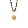 Labradorite with Gold Beads Necklace with the Storm Medallion: A necklace with round labradorite beads, 3 gold beads, and a gold round charm clasp attached to a lightning bolt outline medallion.