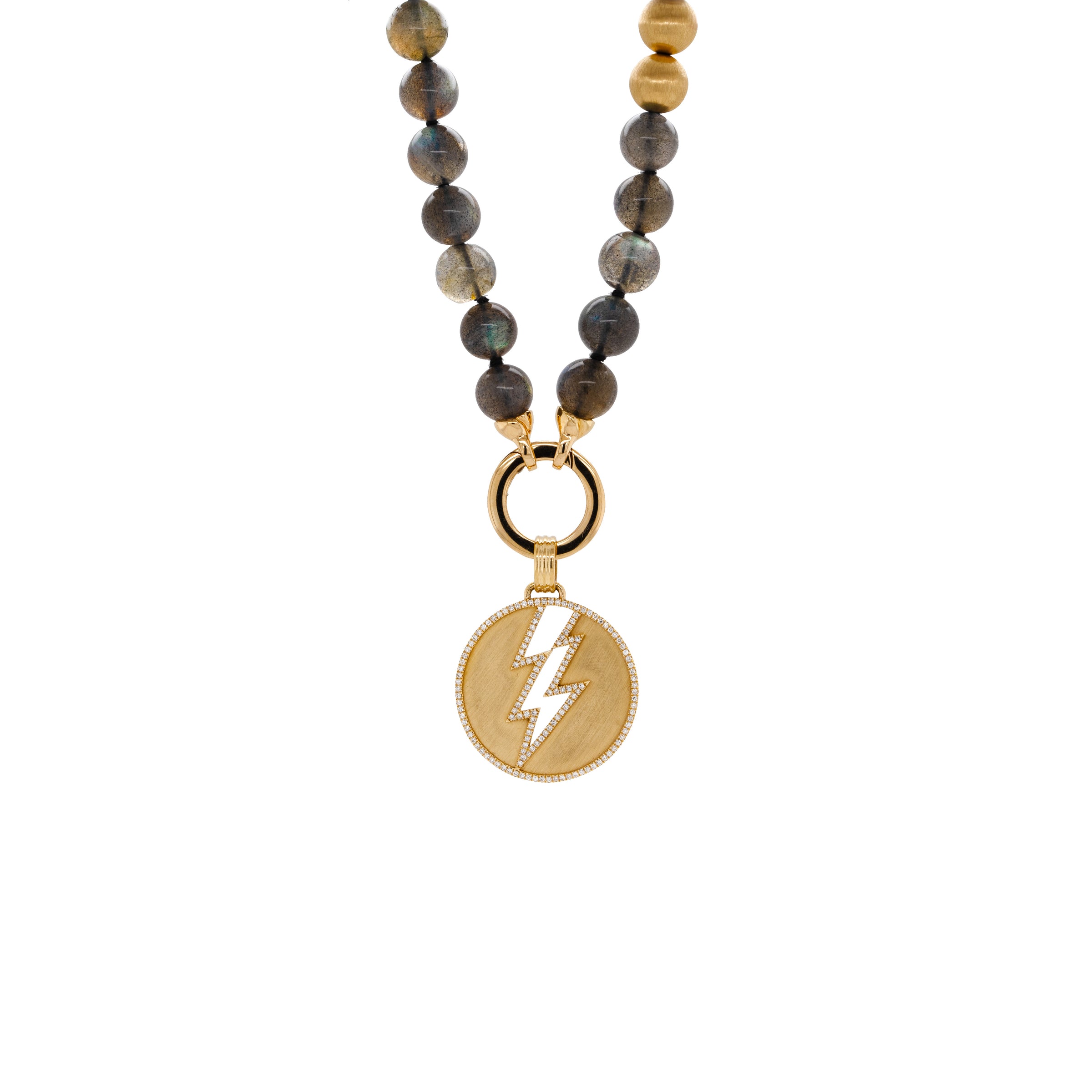 Labradorite with Gold Beads Necklace with the Storm Medallion: A necklace with round labradorite beads, 3 gold beads, and a gold round charm clasp attached to a lightning bolt outline medallion.