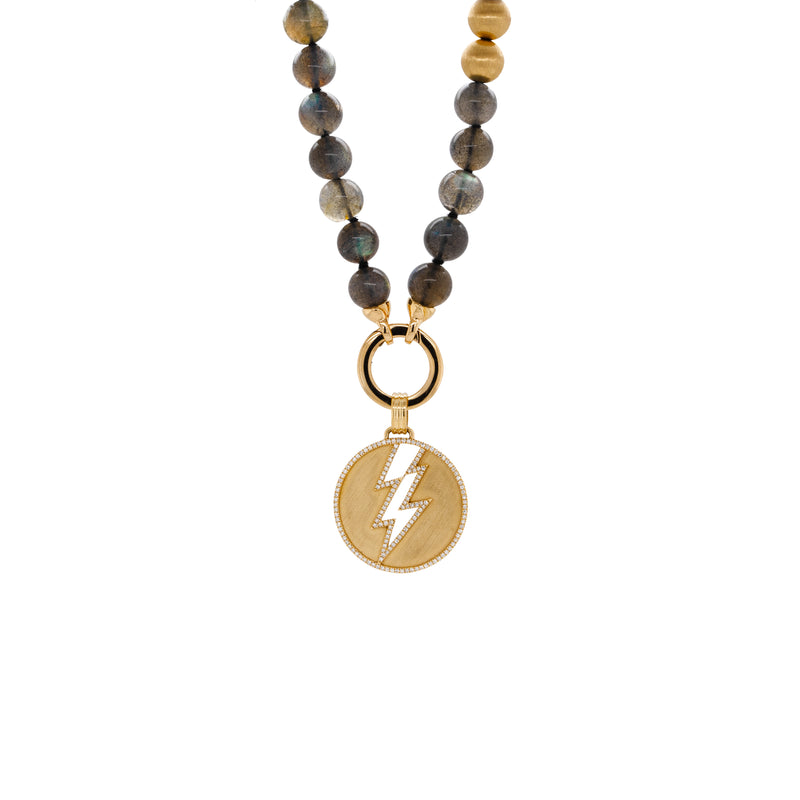 Labradorite with Gold Beads Necklace with the Storm Medallion: A necklace with round labradorite beads, 3 gold beads, and a gold round charm clasp attached to a lightning bolt outline medallion.