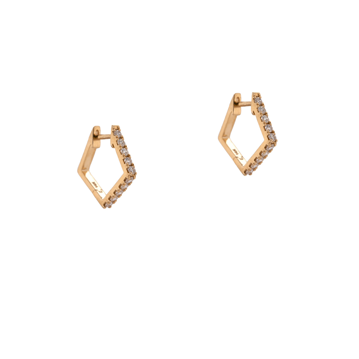 Large Diamond Angular Huggies: A pair of 14K gold diamond-studded angular huggies earrings on a white background