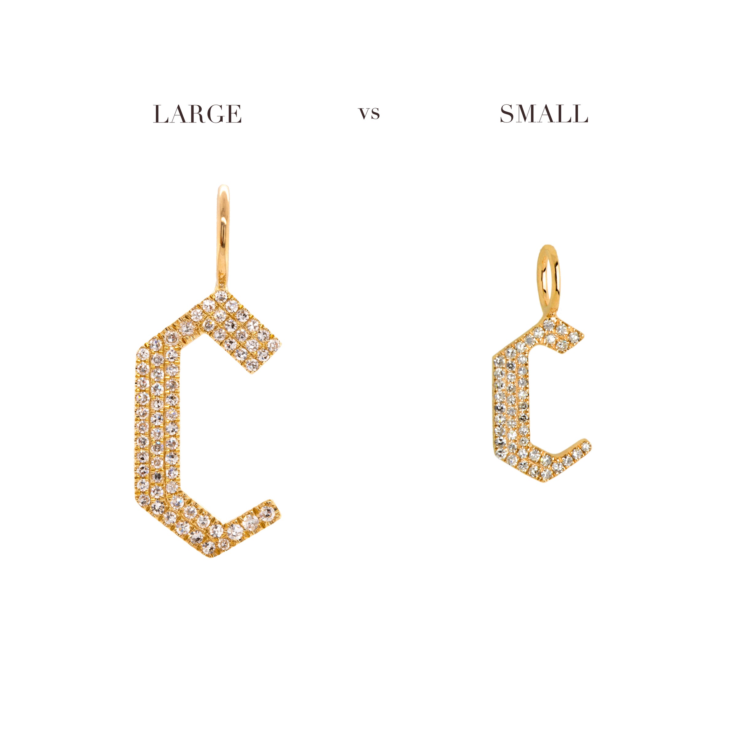 Comparison of the "c" Large White Diamond Alphabet Pendant and "c" Small White Diamond Alphabet Pendant