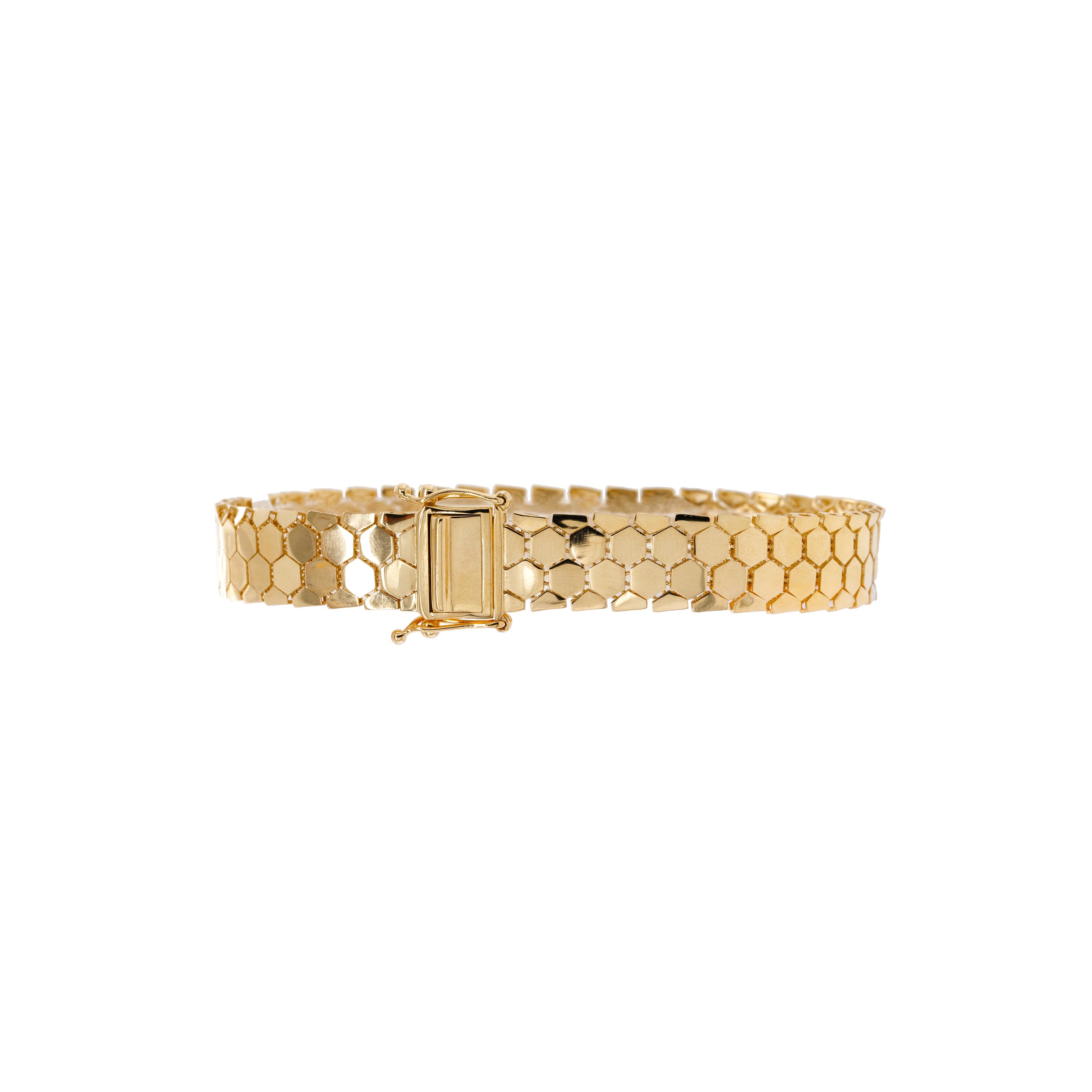 Liquid Prism Bracelet: A 14K gold bracelet with a geometric honeycomb pattern, featuring a box clasp fastening.