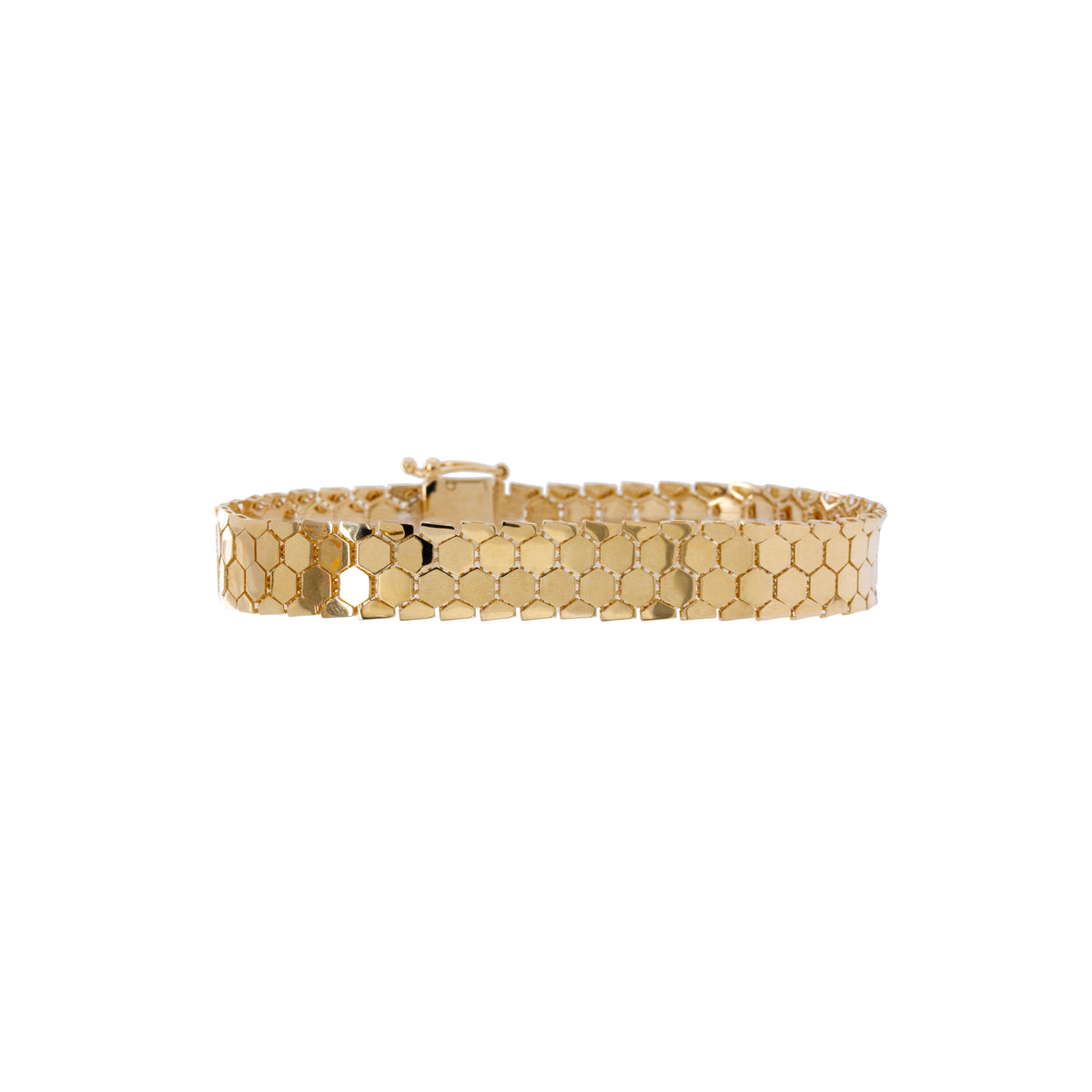Liquid Prism Bracelet: A 14K gold bracelet with a geometric honeycomb pattern, featuring a box clasp fastening.