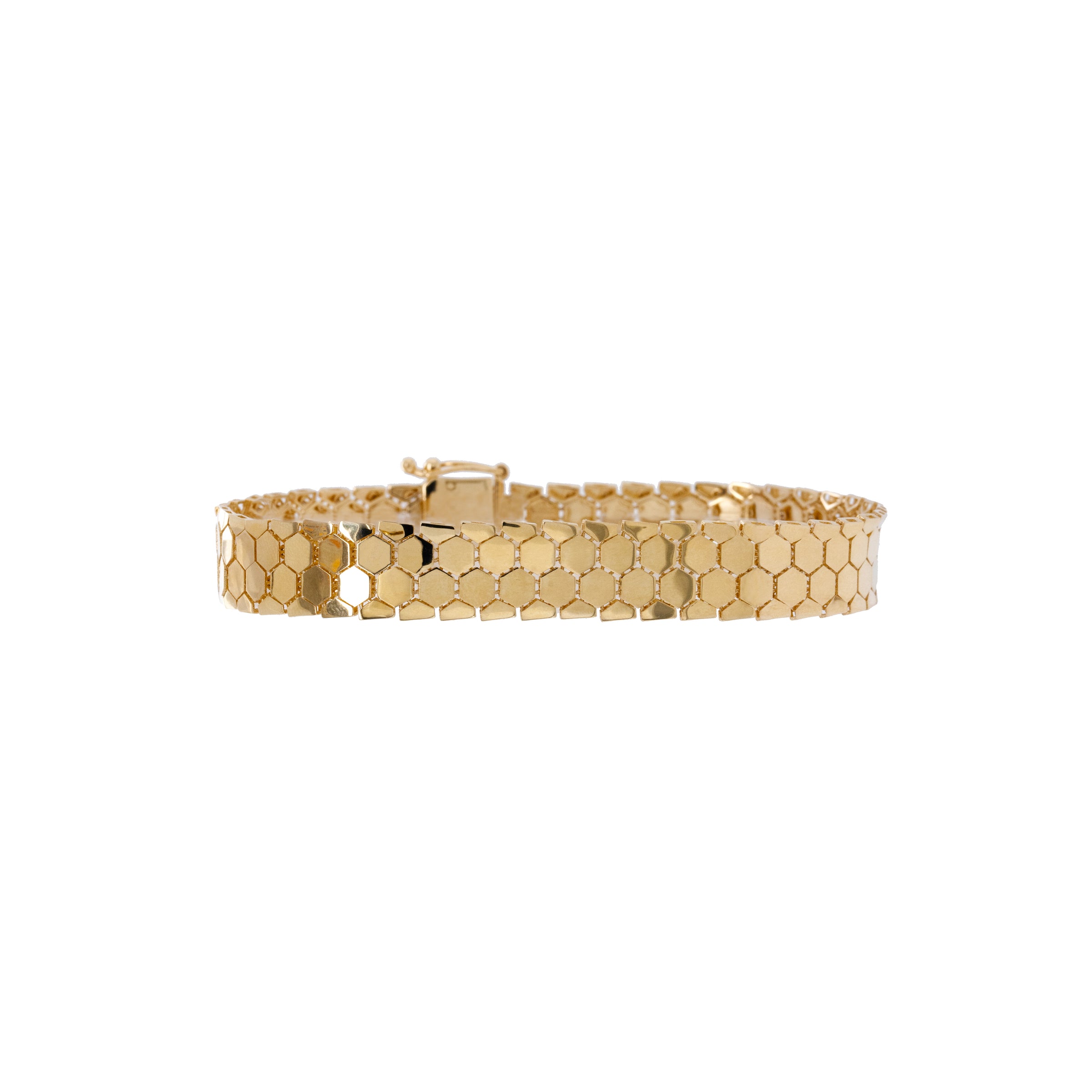 Liquid Prism Bracelet: A 14K gold bracelet with a geometric honeycomb pattern, featuring a box clasp fastening.