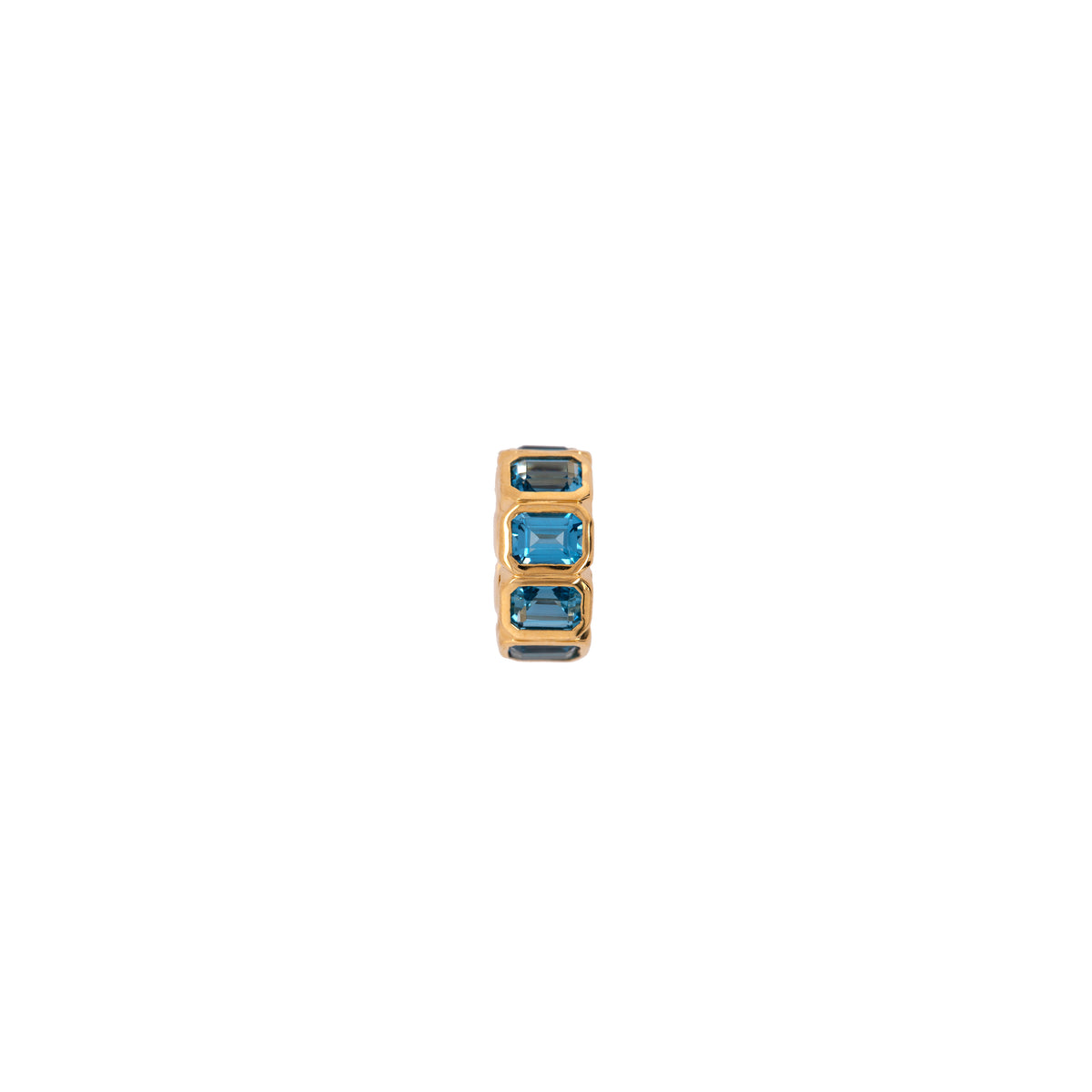 London Blue Topaz Bezel-set Rondelle, 14K gold rondelle with blue gemstones on a white background