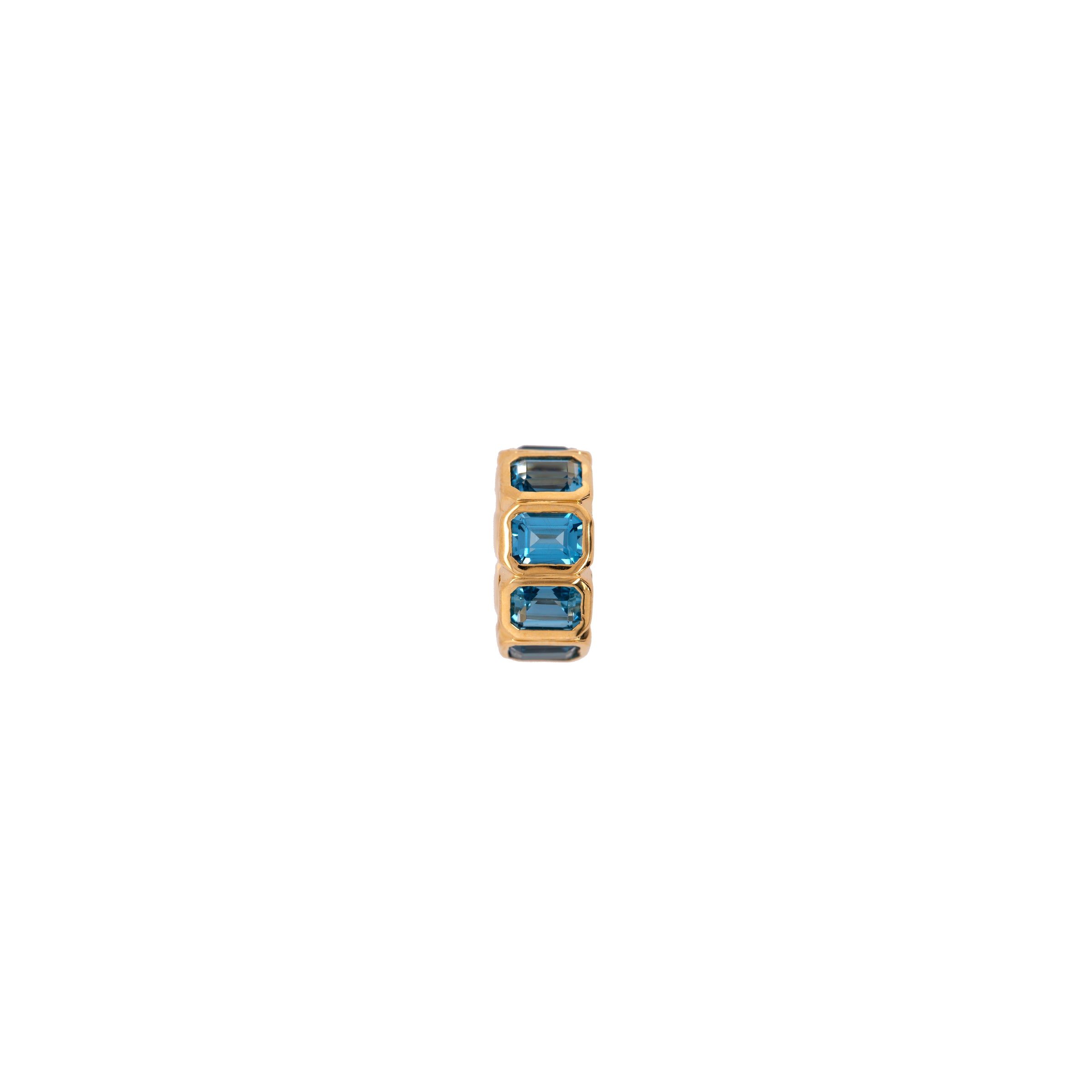 London Blue Topaz Bezel-set Rondelle, 14K gold rondelle with blue gemstones on a white background
