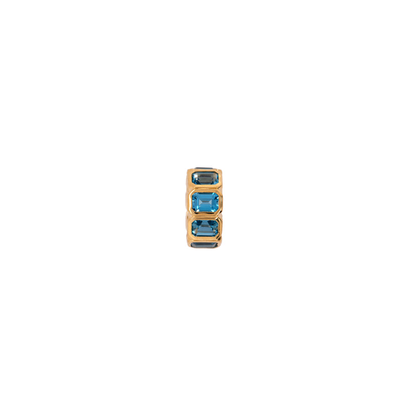 London Blue Topaz Bezel-set Rondelle, 14K gold rondelle with blue gemstones on a white background
