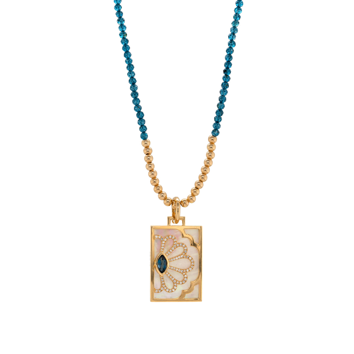  London Blue Topaz Floral Evil Eye Dog Tag, Necklace with blue beads and a gold dog tag pendant on a white background