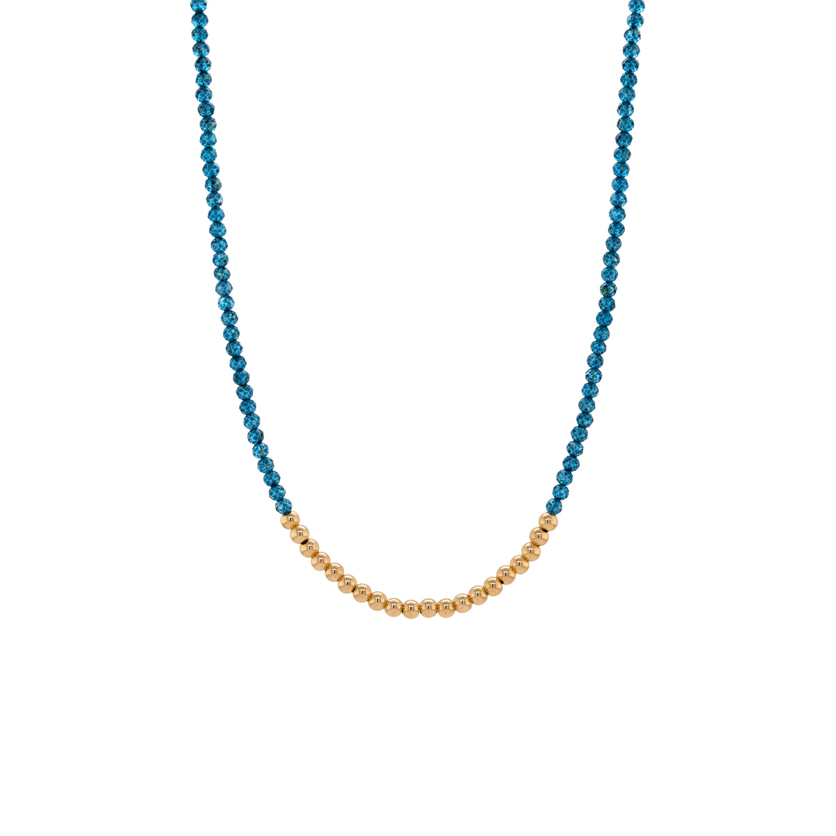 London Blue Topaz Necklace, Necklace with blue and gold beads on a white background
