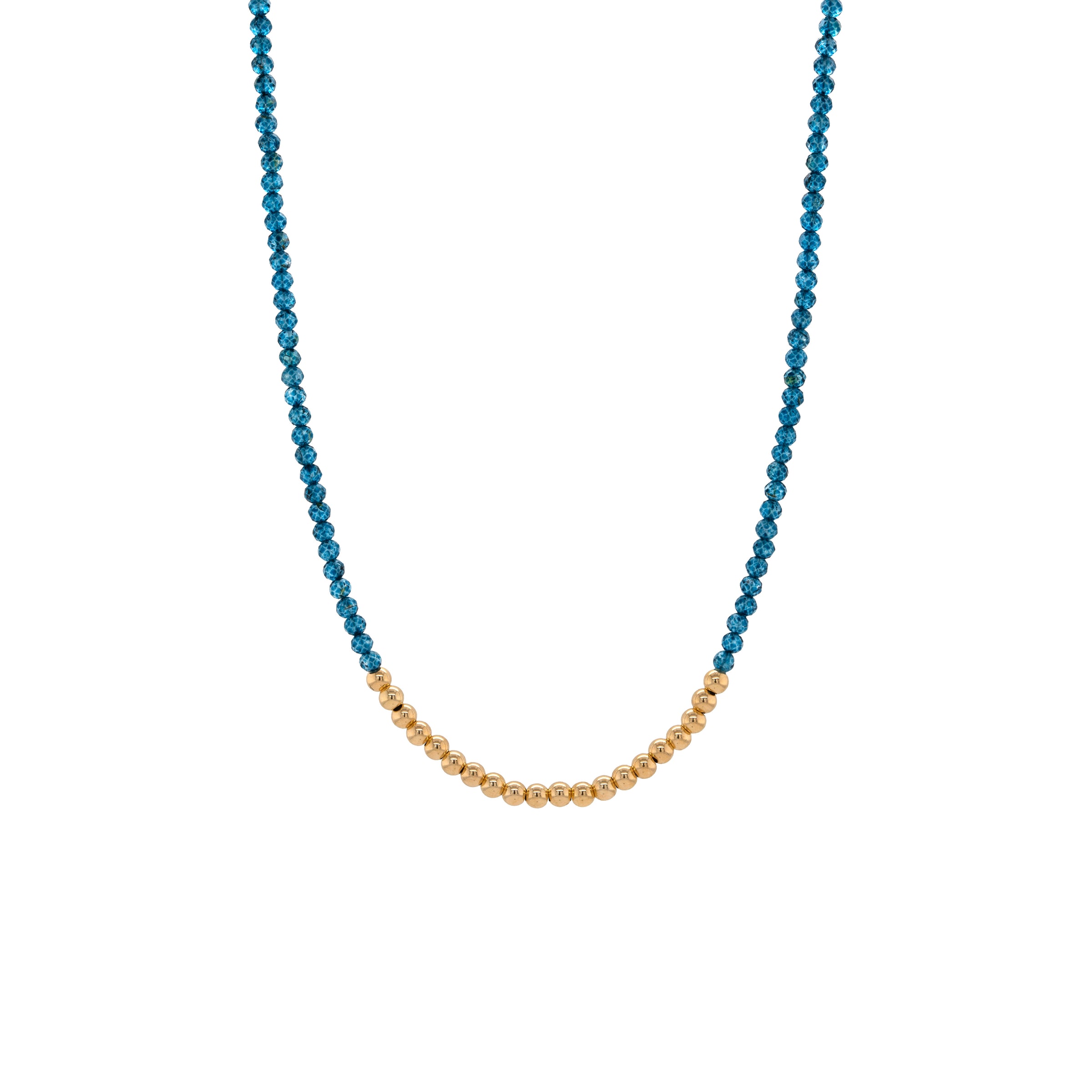 London Blue Topaz Necklace, Necklace with blue and gold beads on a white background