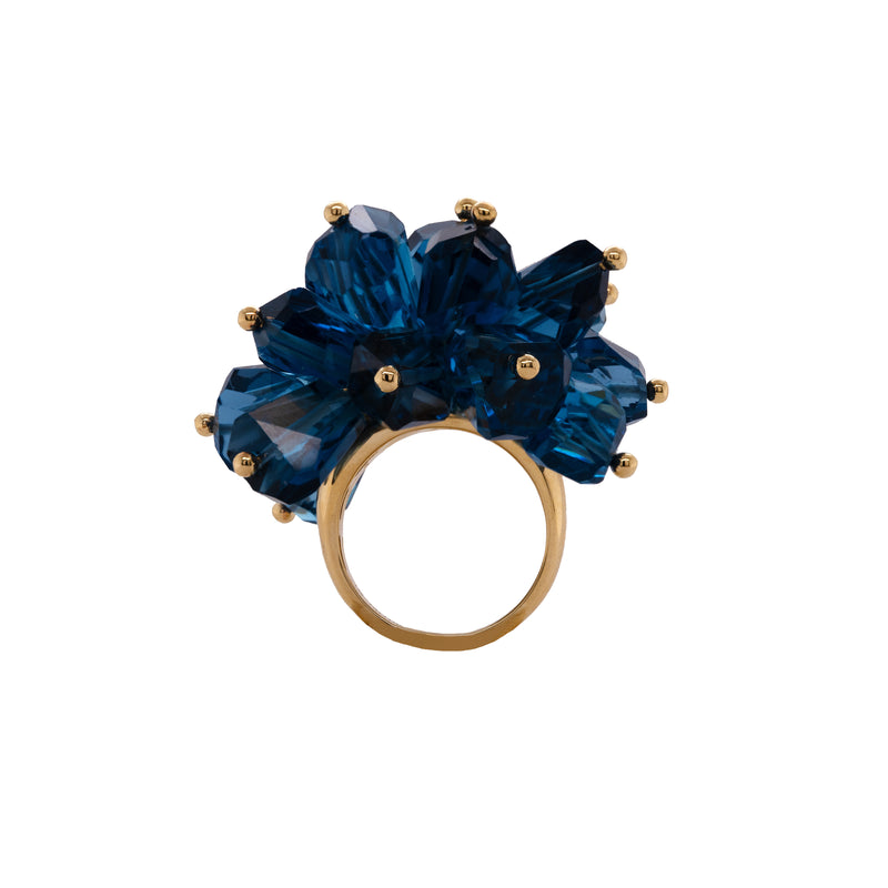 London Blue Topaz Pom Pom Ring: A 14K gold ring featuring a cluster of large London Blue Topaz gemstones made into a floral pattern