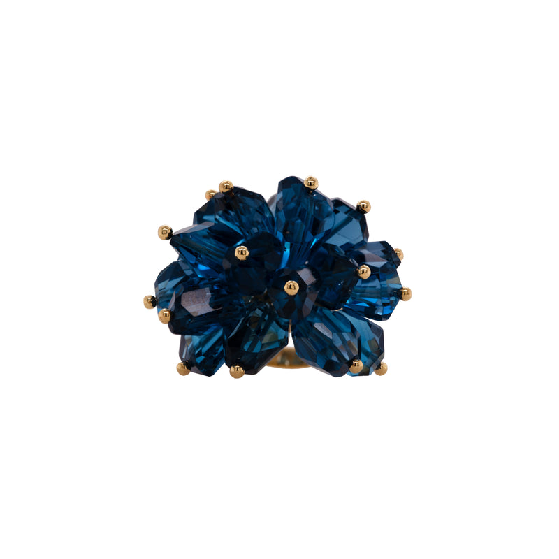 London Blue Topaz Pom Pom Ring: A 14K gold ring featuring a cluster of large London Blue Topaz gemstones made into a floral pattern
