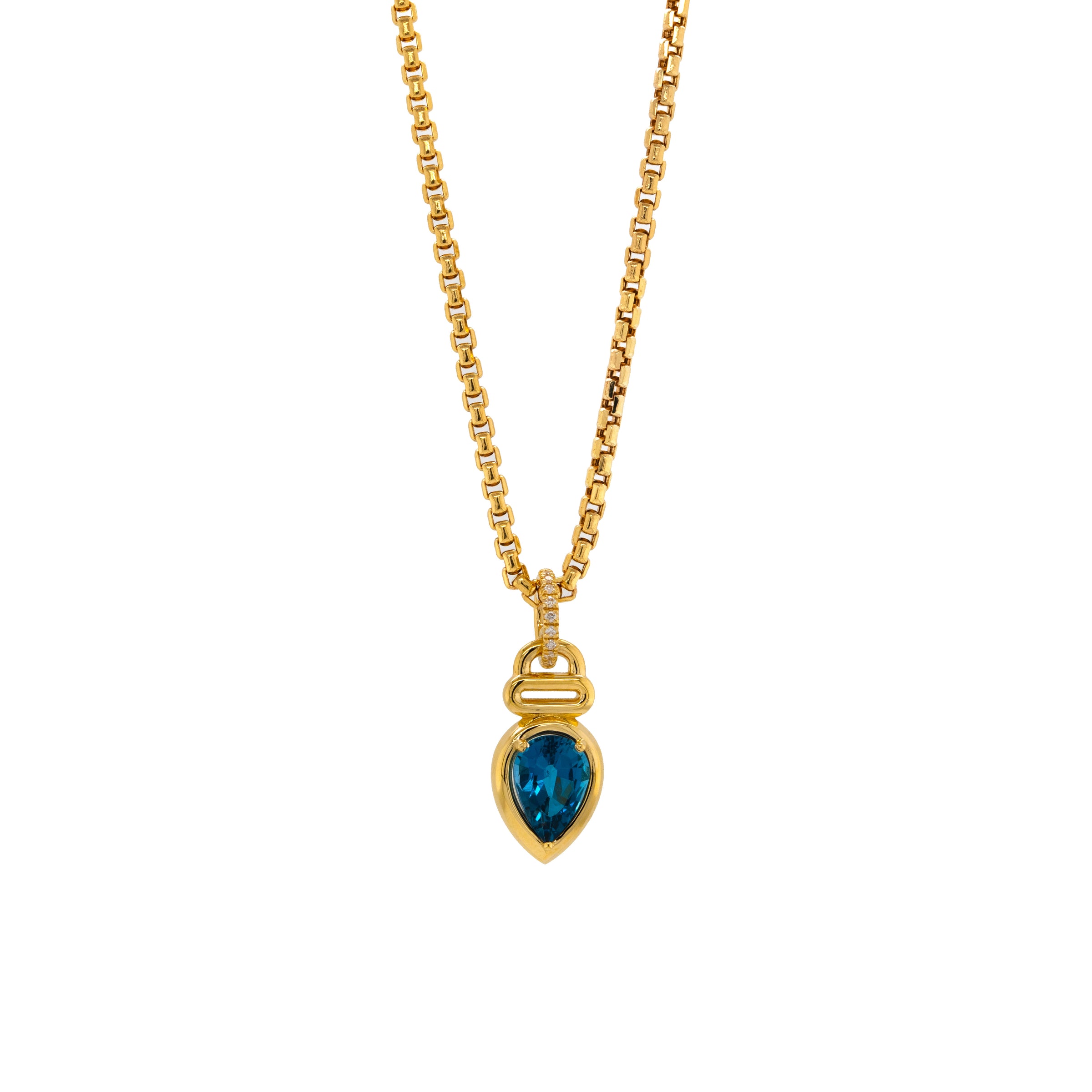 London Blue Topaz Teardrop Necklace, 14K Gold box chain necklace with a teardrop-shaped blue gemstone pendant on a white background