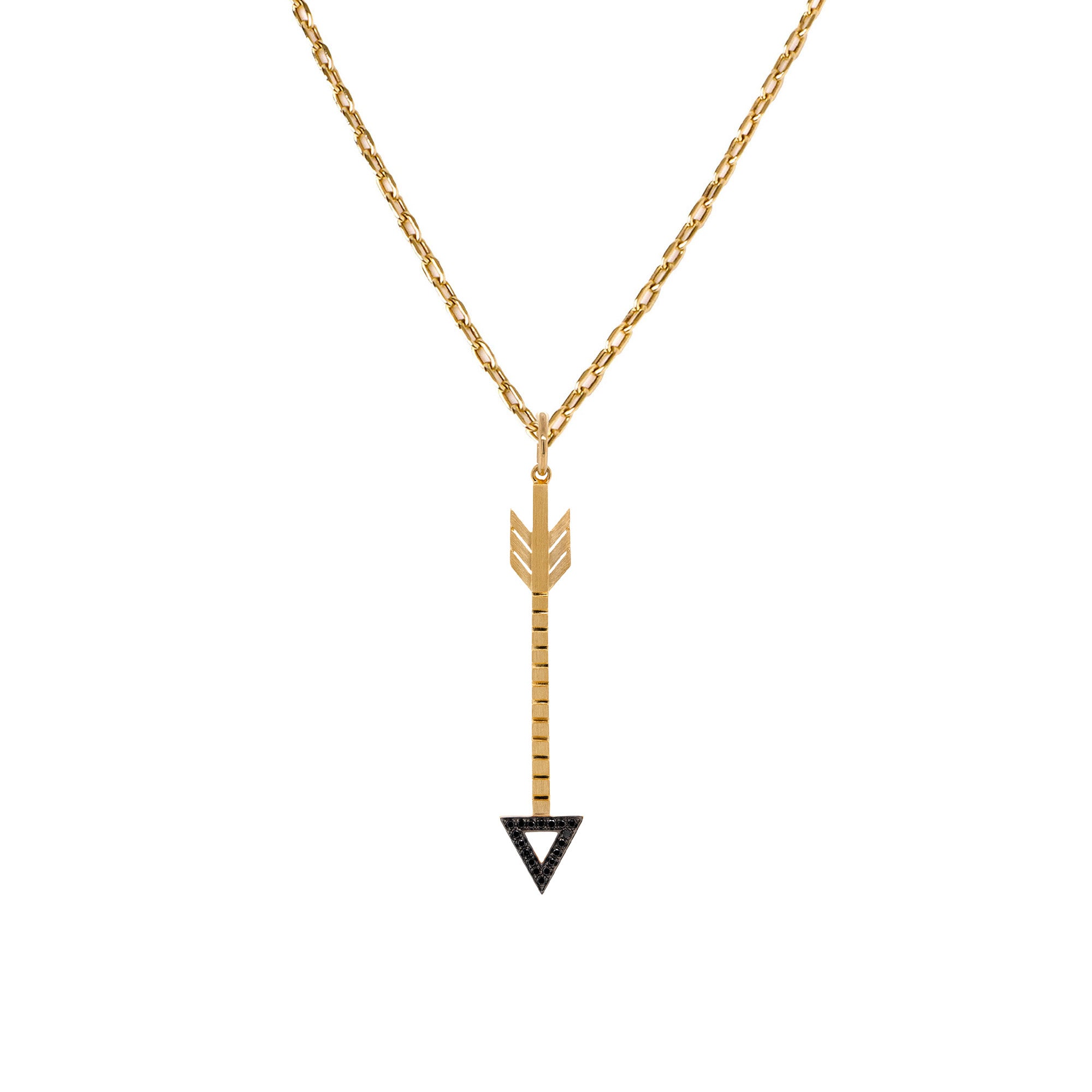 Lovestruck Necklace: A 14K yellow gold pendant necklace with a charm in the shape of an arrow pointing downwards, set against a white background.