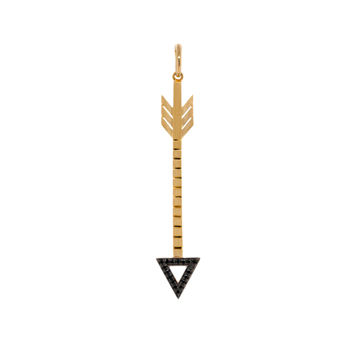 Lovestruck Pendan: A 14K yellow gold charm in the shape of an arrow pointing downwards, set against a white background.