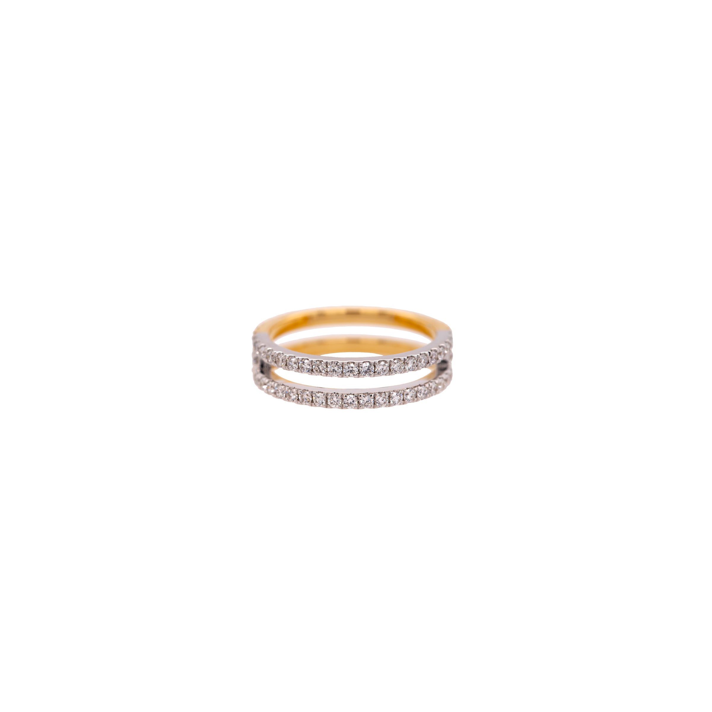 white gold view of Luxe Open Bar Diamond Eternity Ring, half 14K yellow gold and 14K white gold, embedded with white diamonds ring