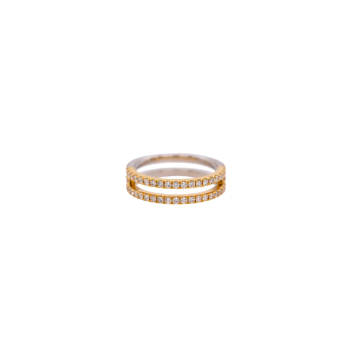 yellow gold view of Luxe Open Bar Diamond Eternity Ring, half 14K yellow gold and 14K white gold, embedded with white diamonds ring