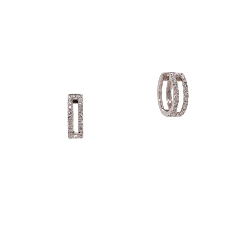 Luxe Open Bar Diamond Huggies: White Gold huggie earrings with embedded diamonds on a white background