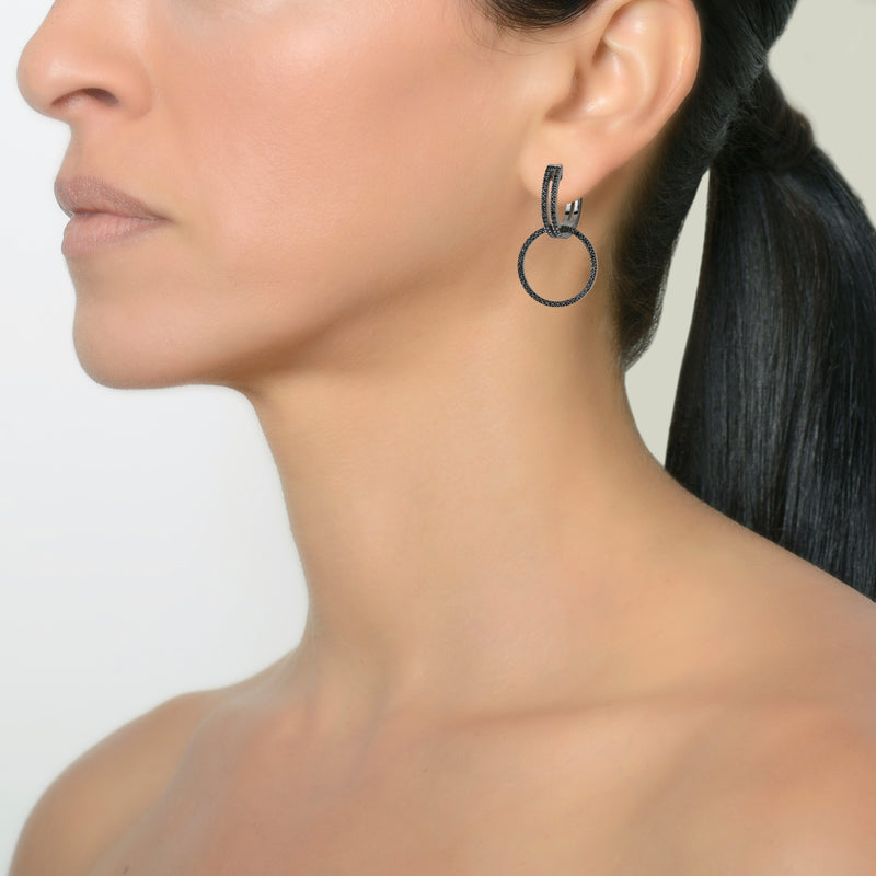 BLACK SPINEL OPEN BAR HUGGIES w/ REVERSIBLE WHITE SAPPHIRE & BLACK SPINEL ROUND EARRING EXTENSIONS