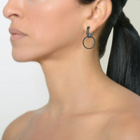 BLACK SPINEL OPEN BAR HUGGIES w/ REVERSIBLE WHITE SAPPHIRE & BLACK SPINEL ROUND EARRING EXTENSIONS