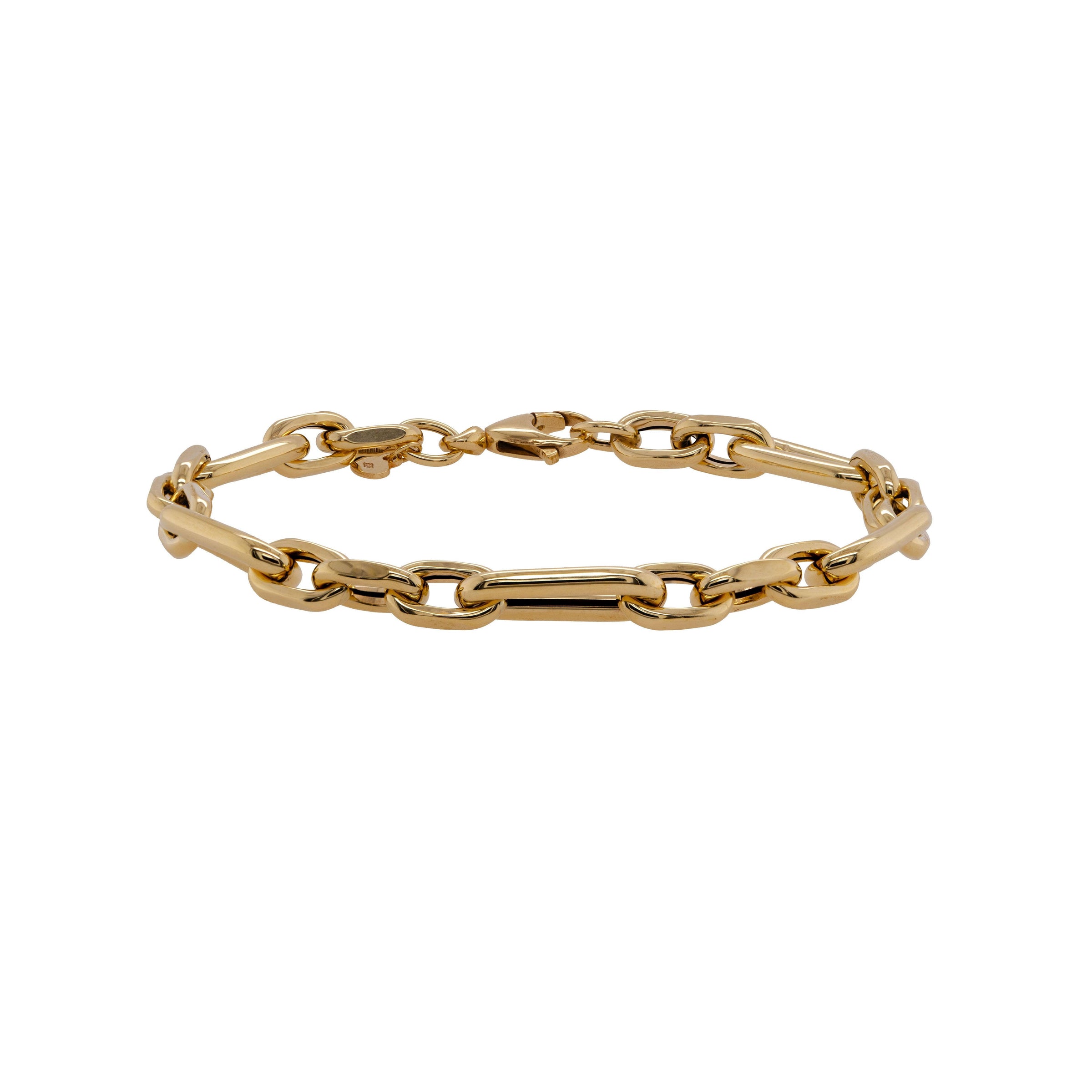 Medium Multi-Link Bracelet: 14K Gold mixed chain bracelet on a white background