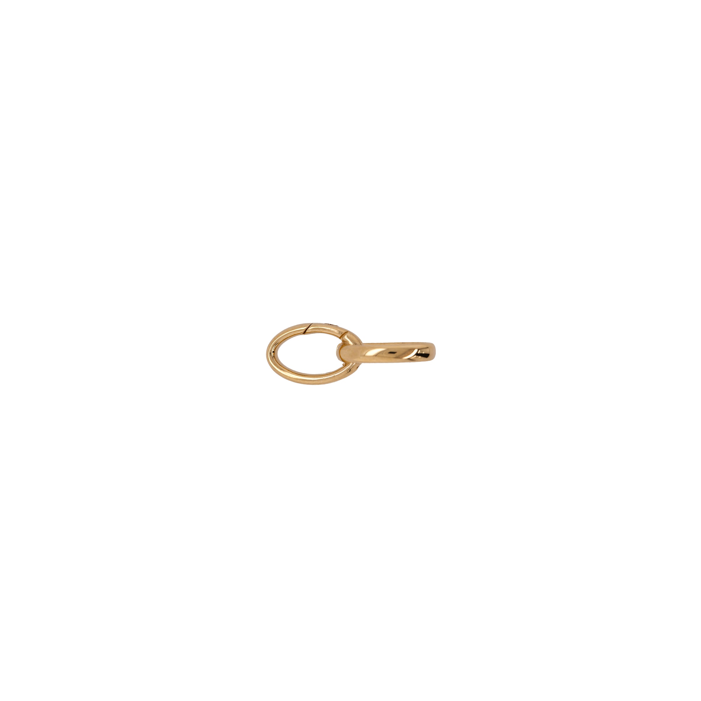 Left side up of the Medium Oval Double-linked Charm clasp, a 14K gold double-link charm clasp with a smooth finish on a white background.