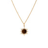 Mini Tiger's Eye Solstice Necklace: A 14K gold pendant featuring a Tiger's Eye gemstone surrounded by round diamonds on a chain.