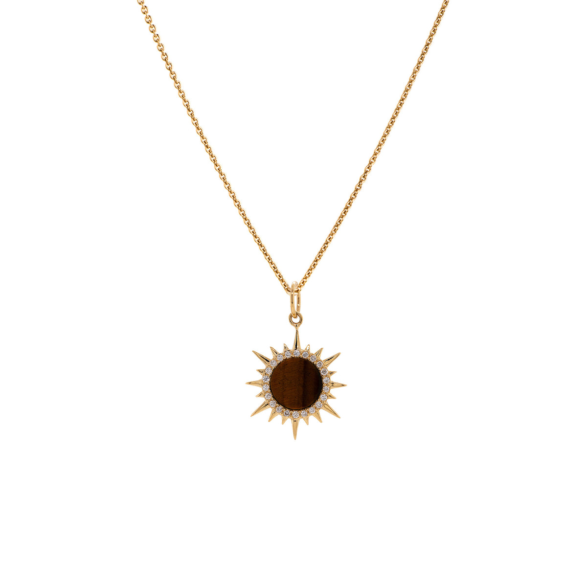 Mini Tiger's Eye Solstice Necklace: A 14K gold pendant featuring a Tiger's Eye gemstone surrounded by round diamonds on a chain.