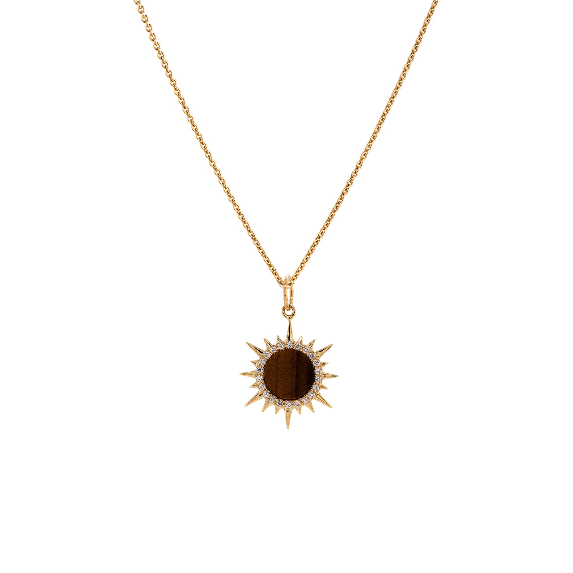 Mini Tiger's Eye Solstice Necklace: A 14K gold pendant featuring a Tiger's Eye gemstone surrounded by round diamonds on a chain.