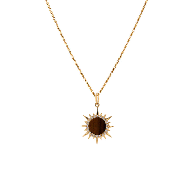 Mini Tiger's Eye Solstice Necklace: A 14K gold pendant featuring a Tiger's Eye gemstone surrounded by round diamonds on a chain.