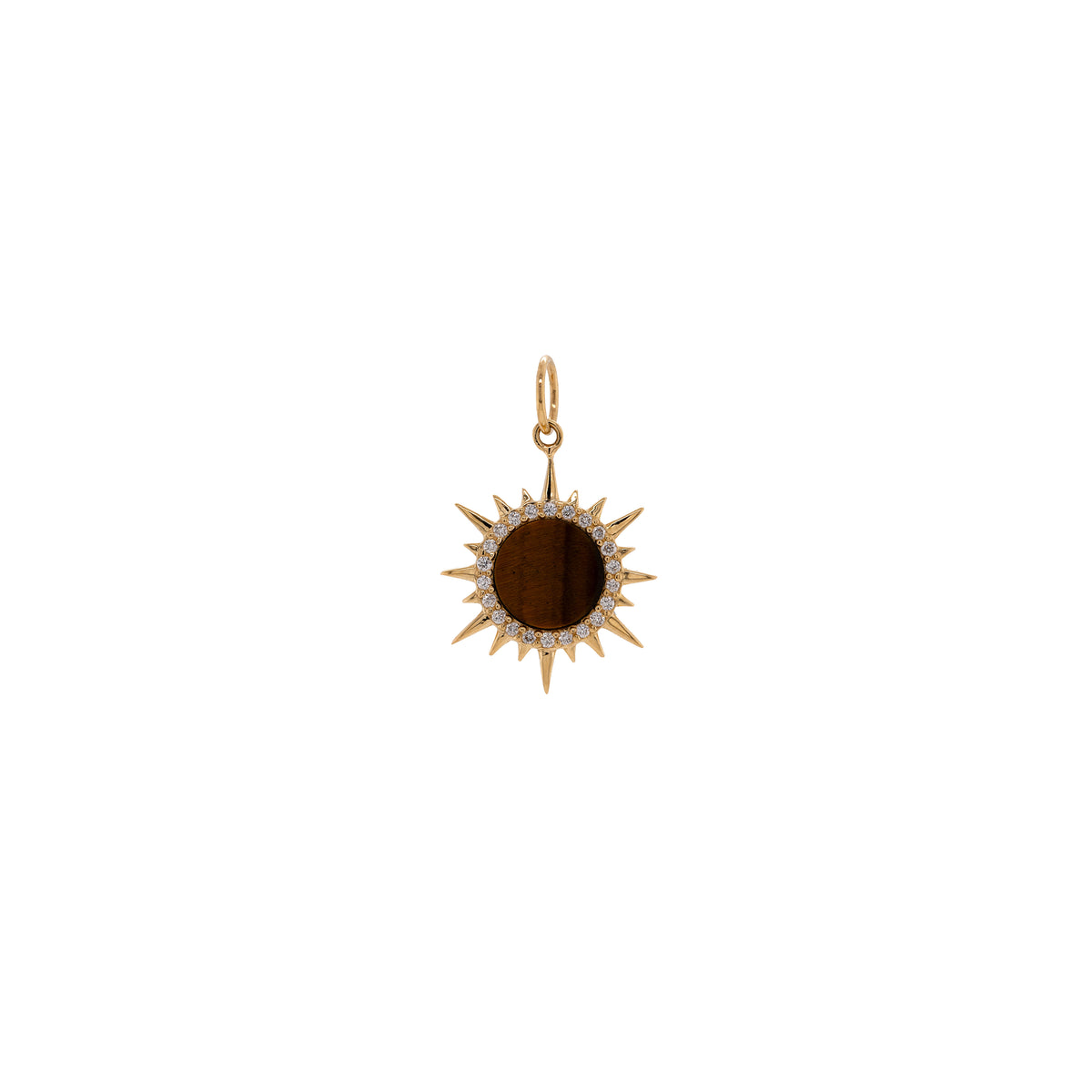 Mini Tiger's Eye Solstice Pendant: A 14K gold pendant featuring a Tiger's Eye gemstone surrounded by round diamonds