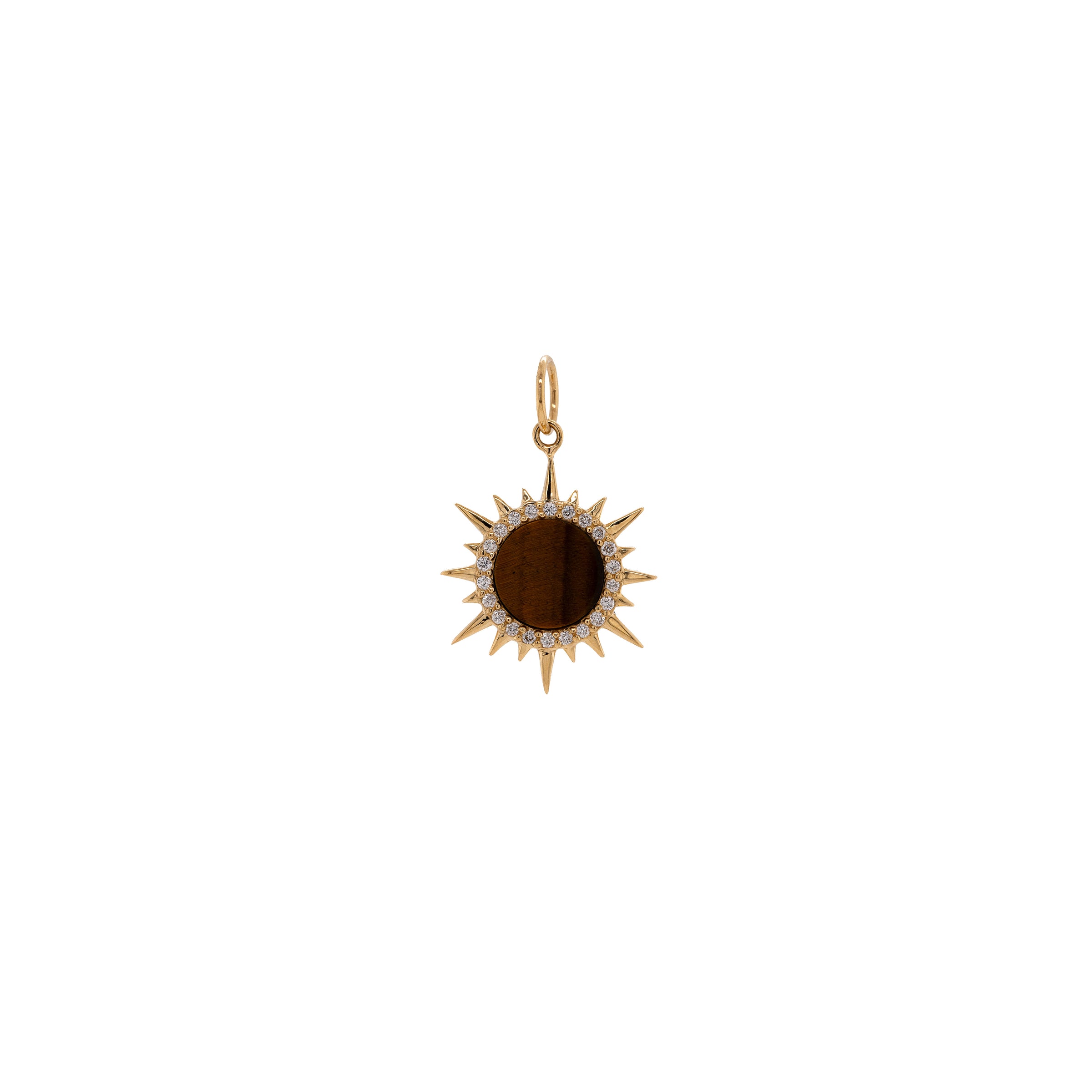 Mini Tiger's Eye Solstice Pendant: A 14K gold pendant featuring a Tiger's Eye gemstone surrounded by round diamonds