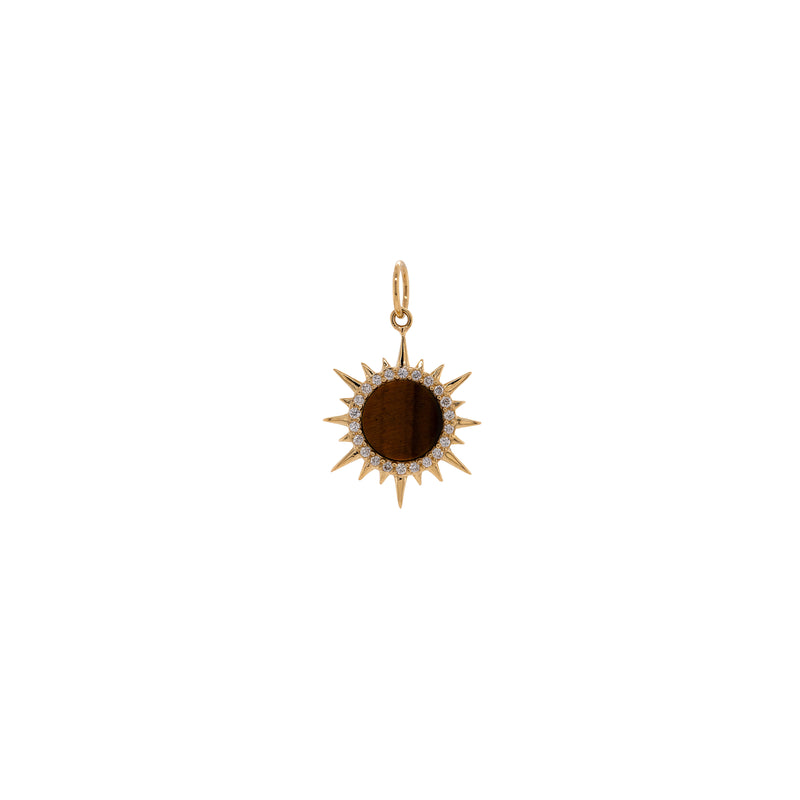 Mini Tiger's Eye Solstice Pendant: A 14K gold pendant featuring a Tiger's Eye gemstone surrounded by round diamonds