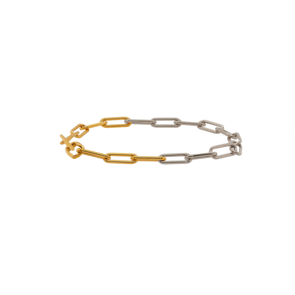 Two-tone gold and silver chain bracelet, Mixed Metal Timeless Bracelet, on a white background