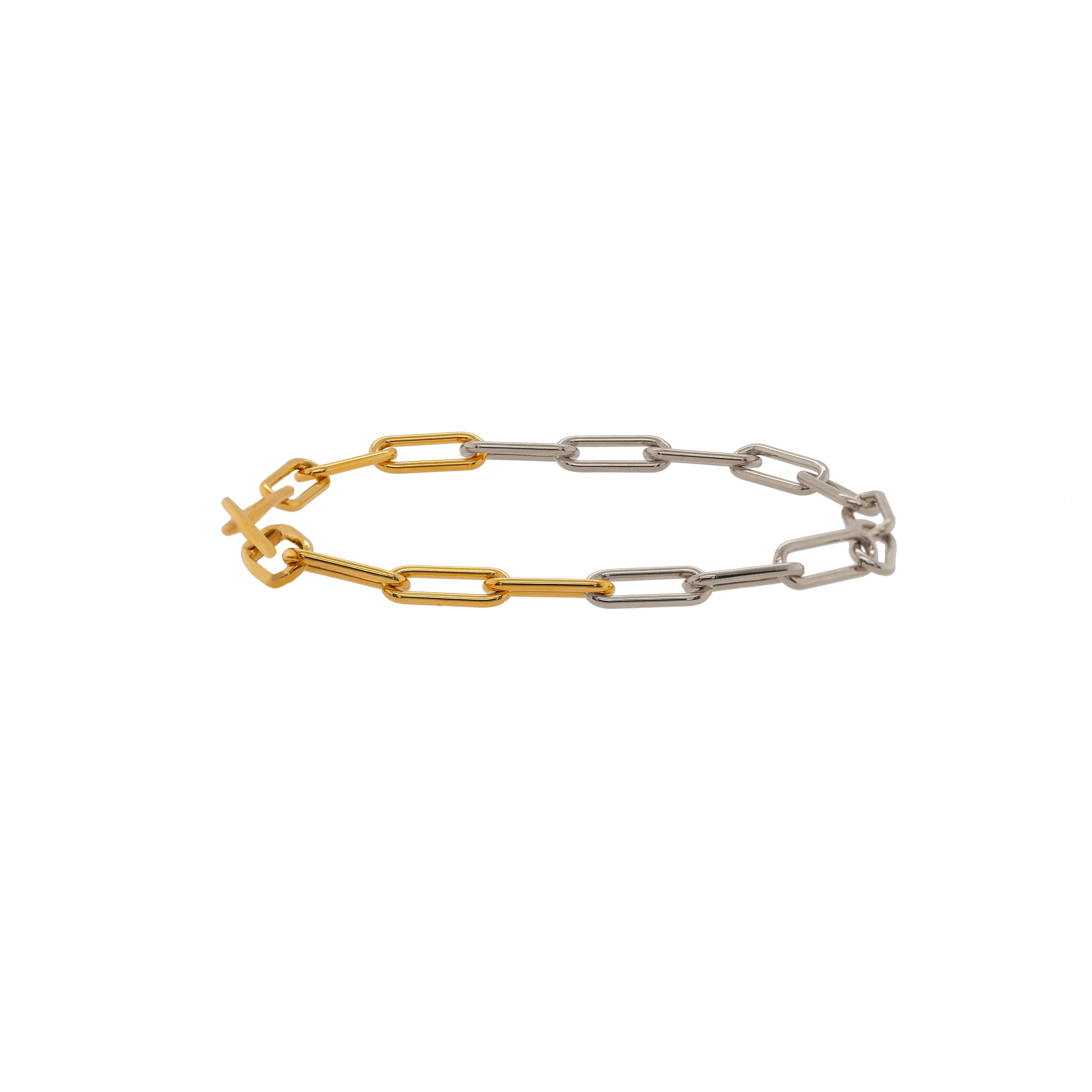 Two-tone gold and silver chain bracelet, Mixed Metal Timeless Bracelet, on a white background