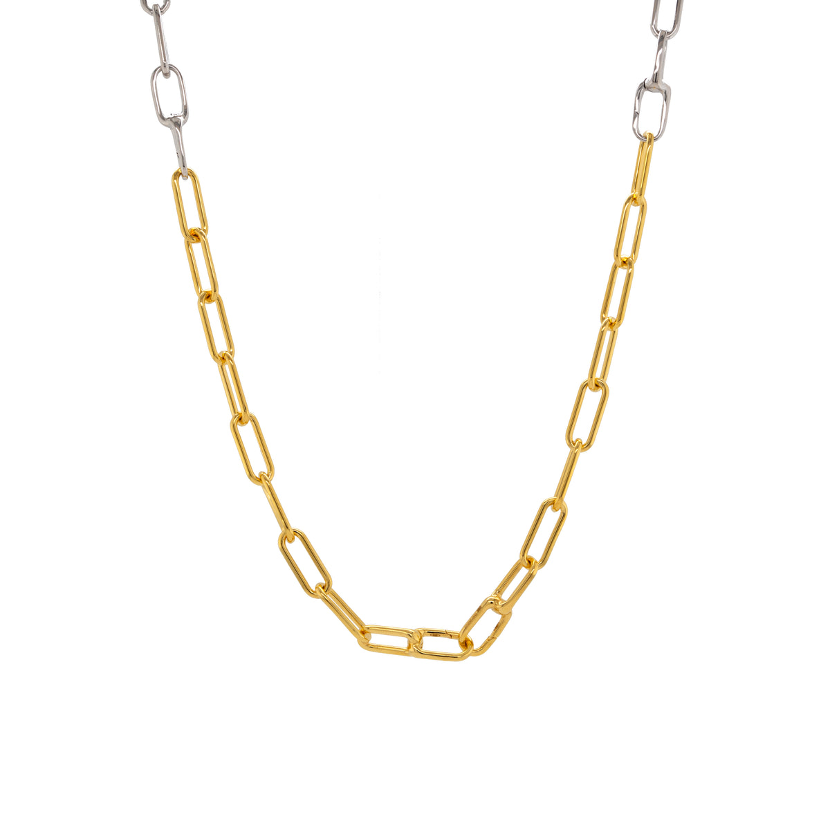 Two-tone Silver and Gold chain necklace, Mixed Metal Timeless Lariat, on a white background
