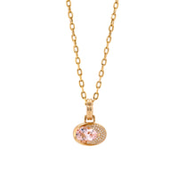 Front view of the Morganite Joy Necklace, morganite stone and diamonds on a white background