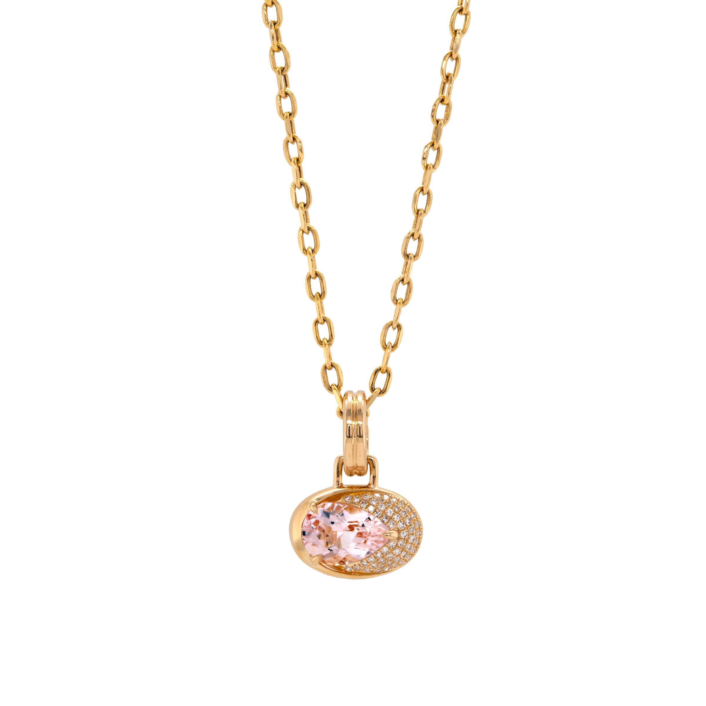 Front view of the Morganite Joy Necklace, morganite stone and diamonds on a white background