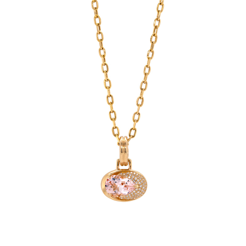 Front view of the Morganite Joy Necklace, morganite stone and diamonds on a white background