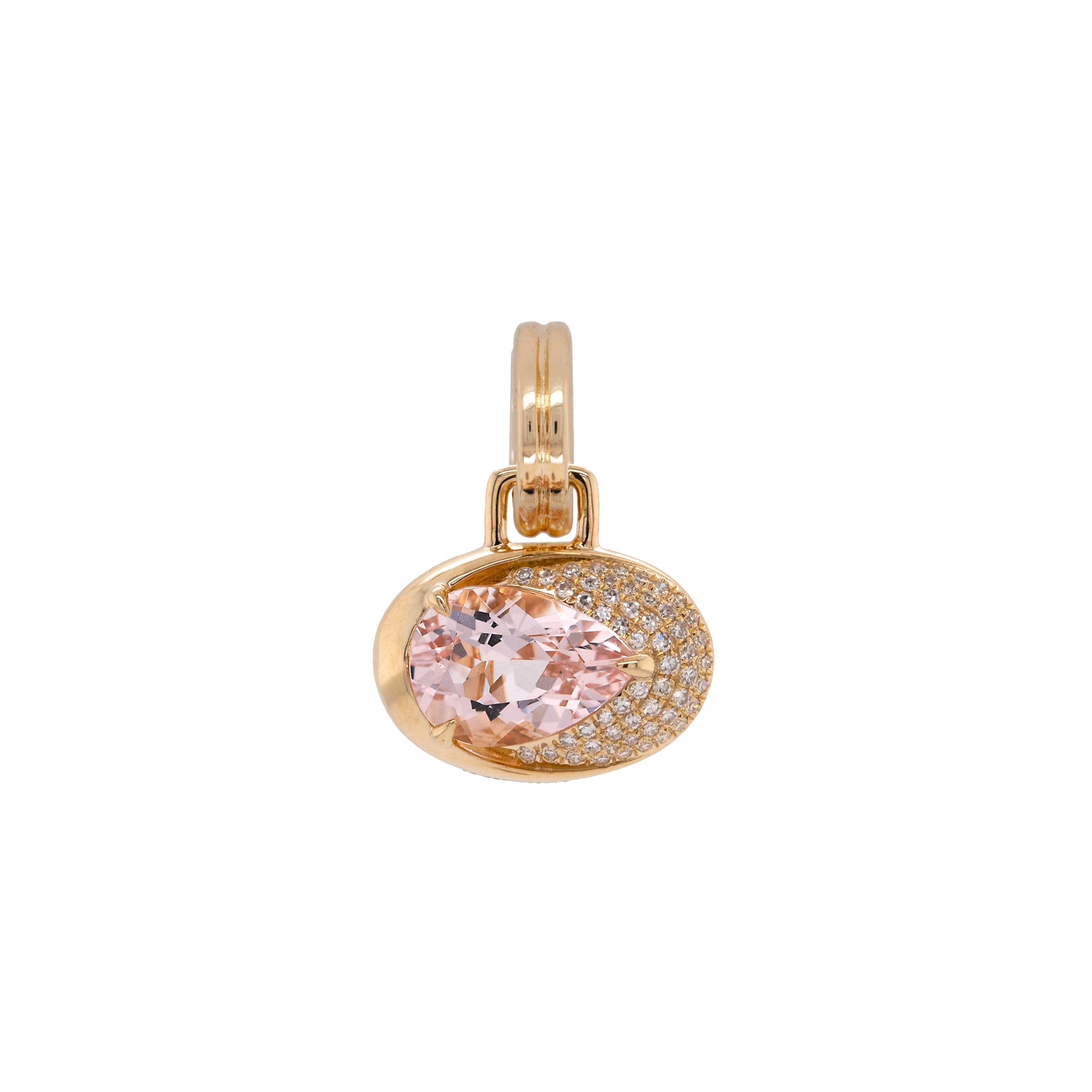 Front view of the Joy Pendant,  morganite stone and diamonds on a white background