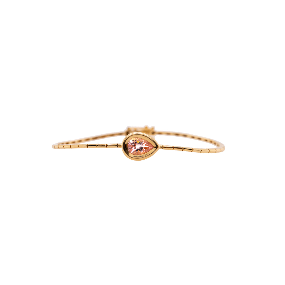 Morganite Liquid Teardrop Bracelet, 14K gold bracelet with a teardrop shaped pink gemstone on a white background