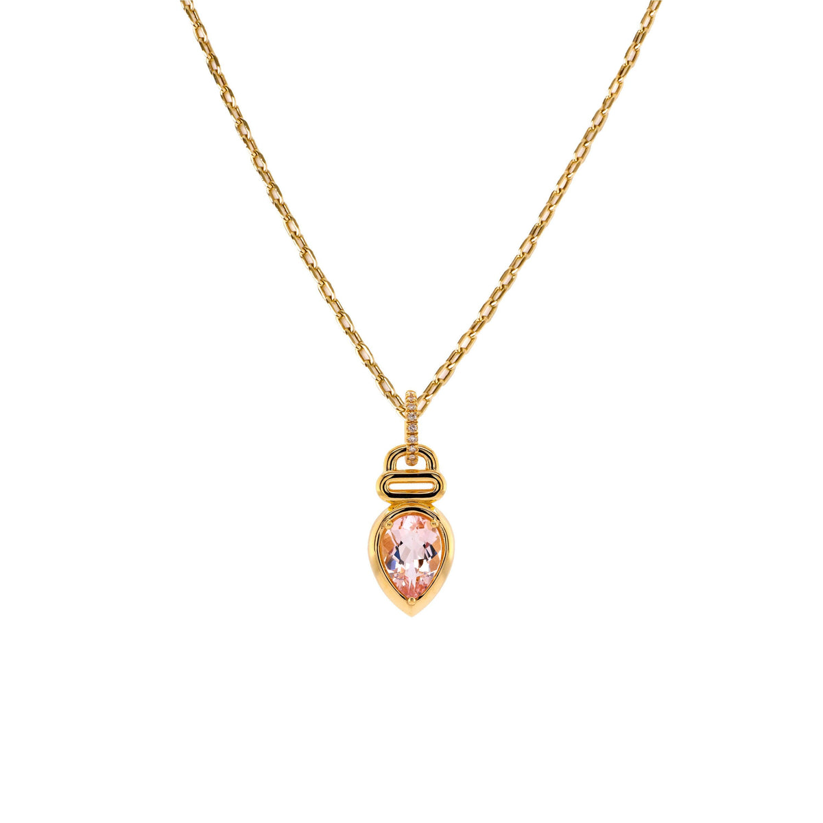 Morganite Teardrop Long Link Necklace: 14K Gold long link chain necklace with a teardrop-shaped pink gemstone pendant on a white background