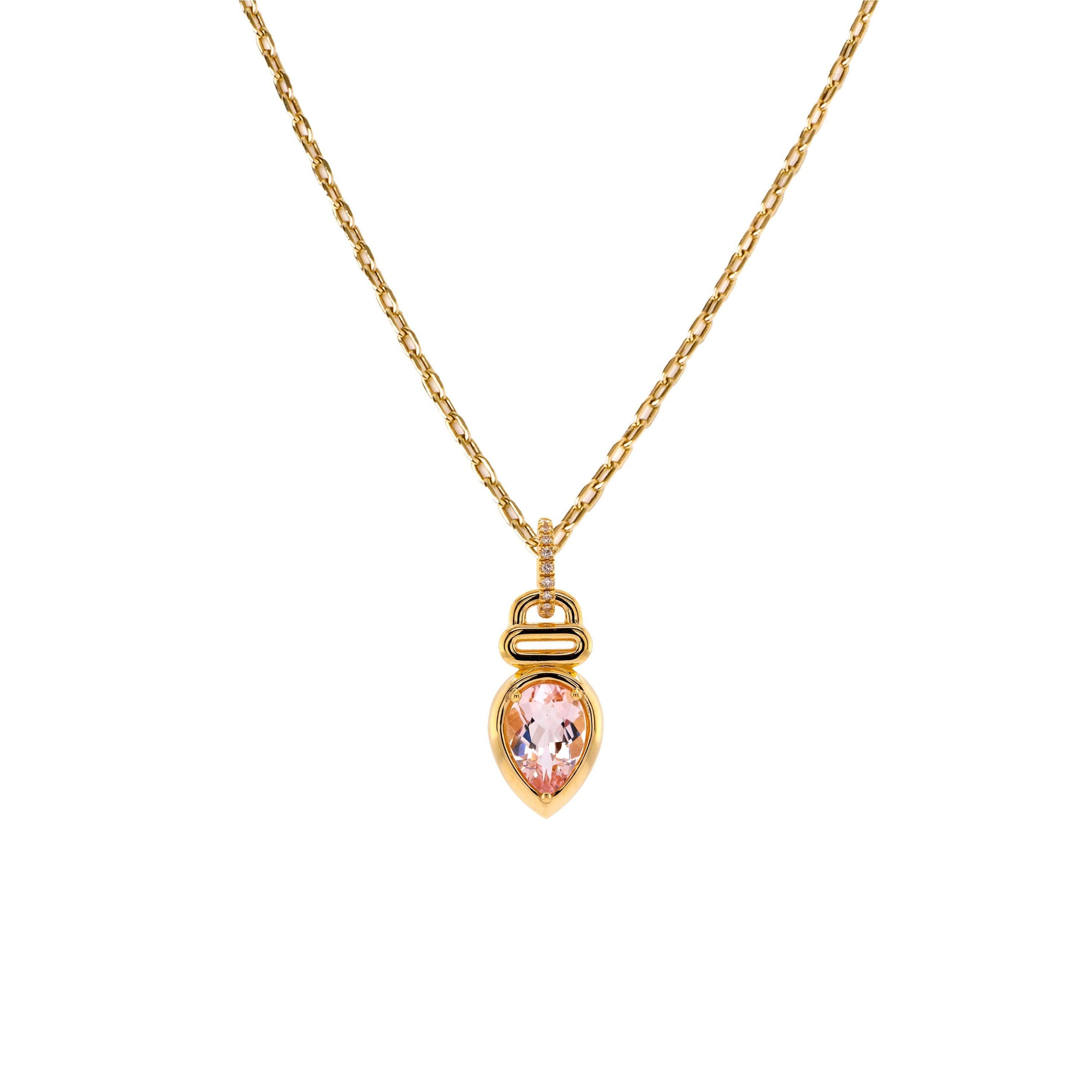 Morganite Teardrop Long Link Necklace: 14K Gold long link chain necklace with a teardrop-shaped pink gemstone pendant on a white background