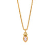 Morganite Teardrop Necklace, 14K Gold box chain necklace with a teardrop-shaped pink gemstone pendant on a white background