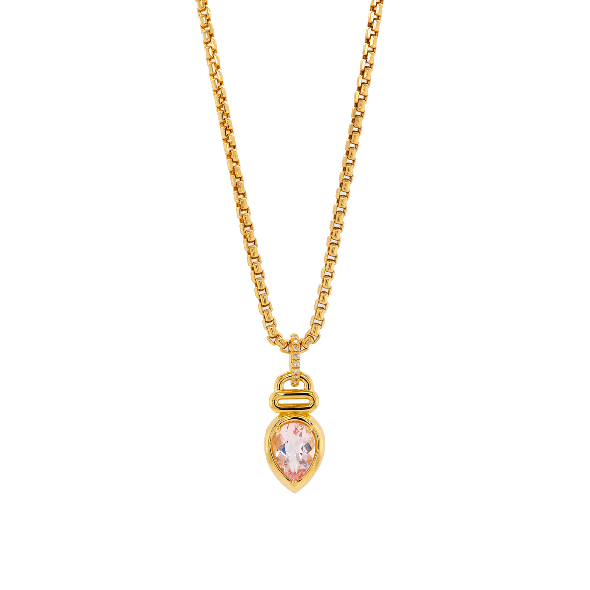 Morganite Teardrop Necklace, 14K Gold box chain necklace with a teardrop-shaped pink gemstone pendant on a white background