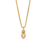 Morganite Teardrop Necklace, 14K Gold box chain necklace with a teardrop-shaped pink gemstone pendant on a white background