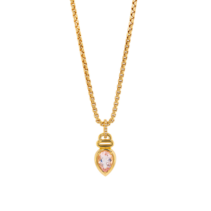 Morganite Teardrop Necklace, 14K Gold box chain necklace with a teardrop-shaped pink gemstone pendant on a white background