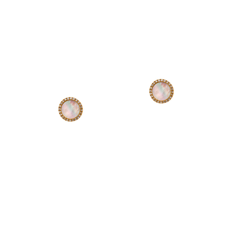 Mother-of-Pearl Round Studs: Pair of 14K gold round Mother-of-Pearl center and diamond outlined stud earrings on a white background
