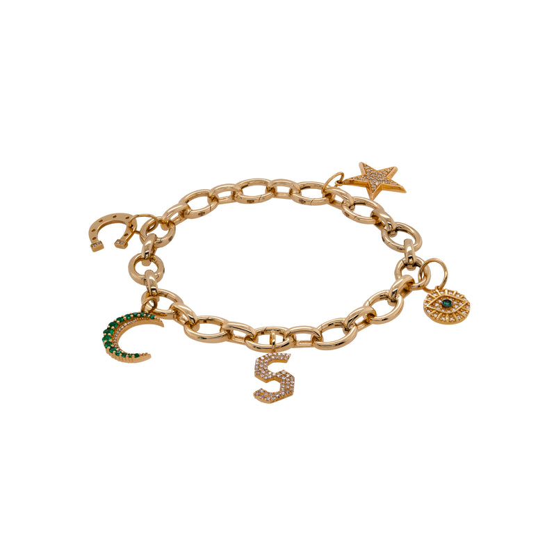 Oval Link Charm Bracelet with Charms, a gold bracelet with oval links and various charms, including a star and a letter.