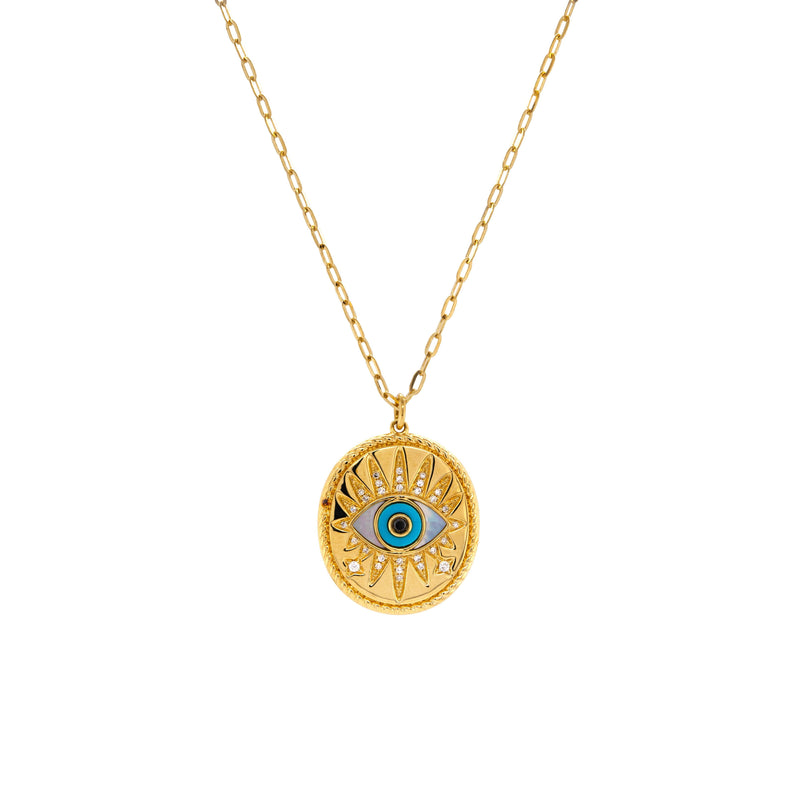 Oval Turquoise Evil Eye Necklace: 14K gold necklace with an oval pendant of an evil eye in the center  on a white background
